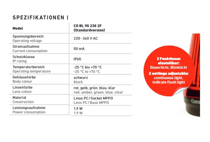 LED-Leuchte KLAR, 2_Funktionen (Dauerlicht / Blinklicht) 230VAV – Ansicht 3