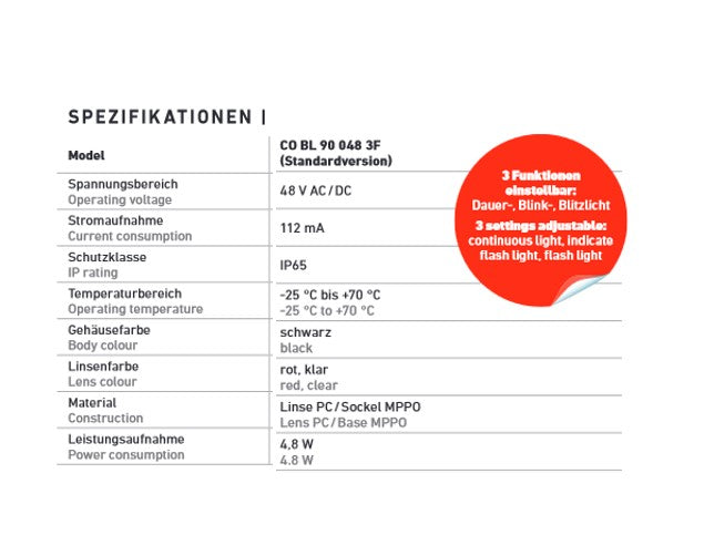 LED-Leuchte KLAR, 3_Funktionen (Dauerlicht / Blinklicht /Blitzlicht) 48VAC – Ansicht 3