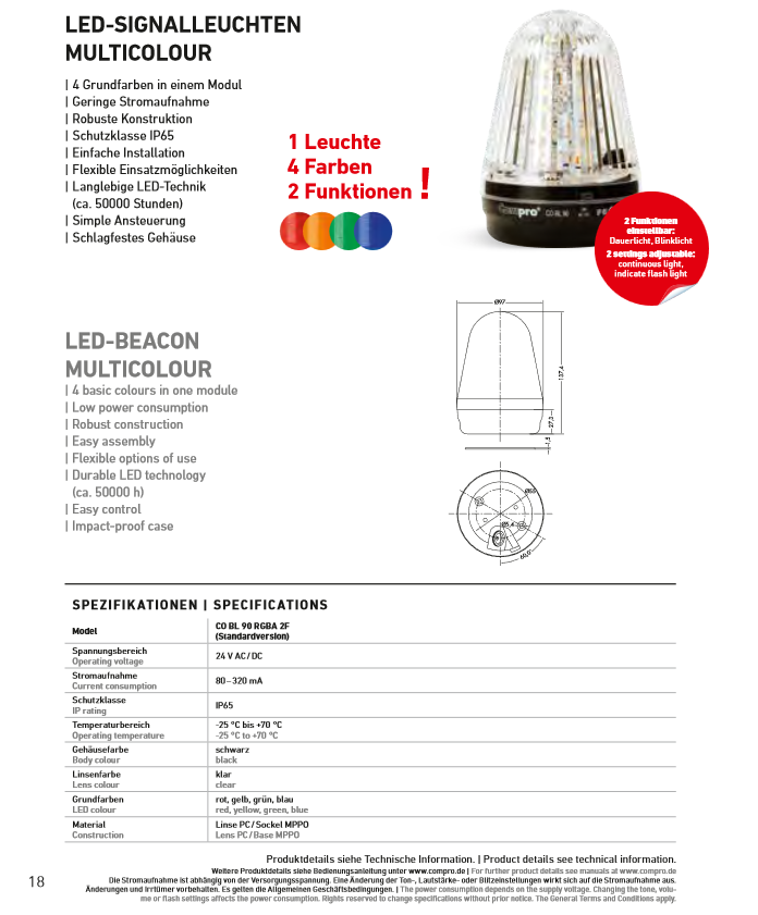 LED Leuchte, MULTICOLOR Optische Signalgeber, 24VAC/DC – Ansicht 2