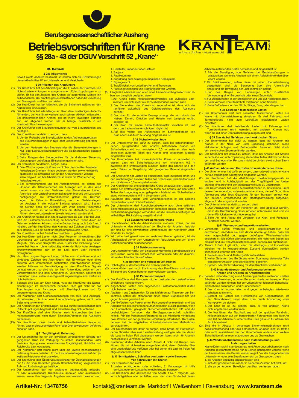 Betriebsvorschriften für Krane DGUV V52