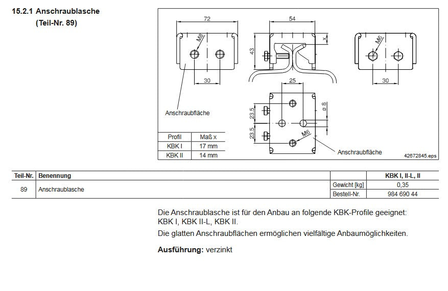 Demag Anschraublasche KBK, Schienenanbau, Anbau KBK Profile, KBK-I /-II /-II-H /-III – Ansicht 2