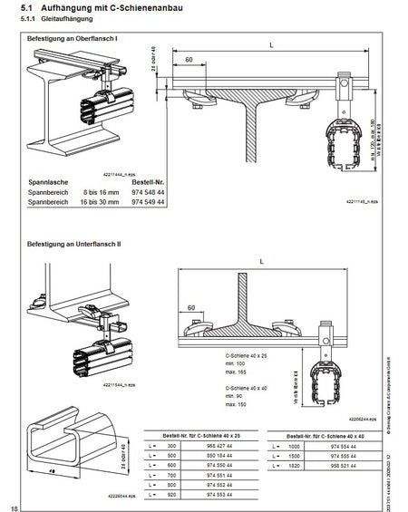 Demag C-Schiene, Halteschiene 1820mm, Maße 40 X 40 X 3 X 1820, Anbaumaterial – Ansicht 2