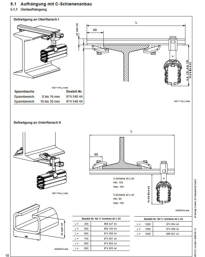 Demag C-Schiene, Halteschiene 1820mm, Maße 40 X 40 X 3 X 1820, Anbaumaterial – Ansicht 2