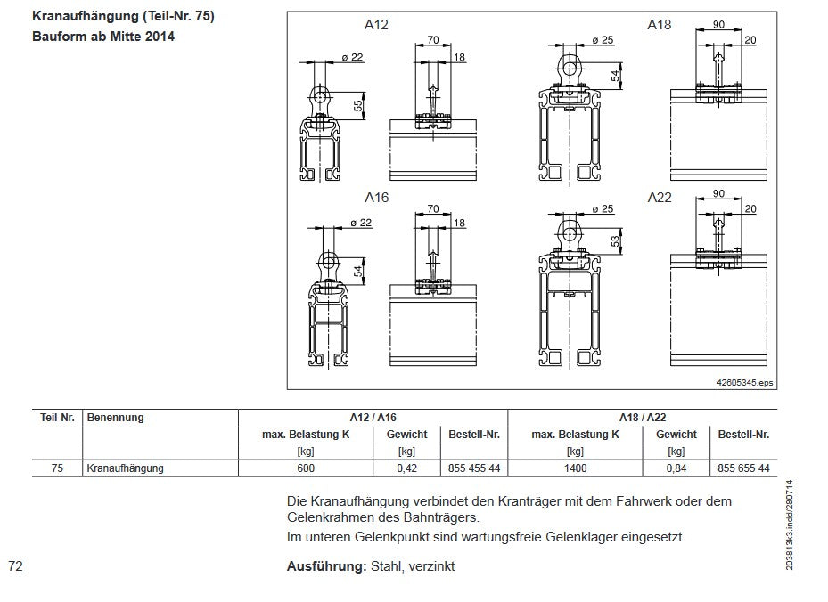 Demag Kranaufhängung KBK-Alu A18 / A22, Aufhängung Kranbrücke KBK-Alu A18 / A22 – Ansicht 2