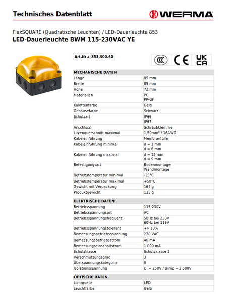 LED-Dauerleuchte BWM 115-230VAC YE – Ansicht 3