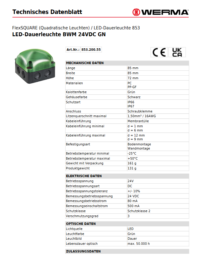 LED-Dauerleuchte BWM 24VDC GN – Ansicht 3