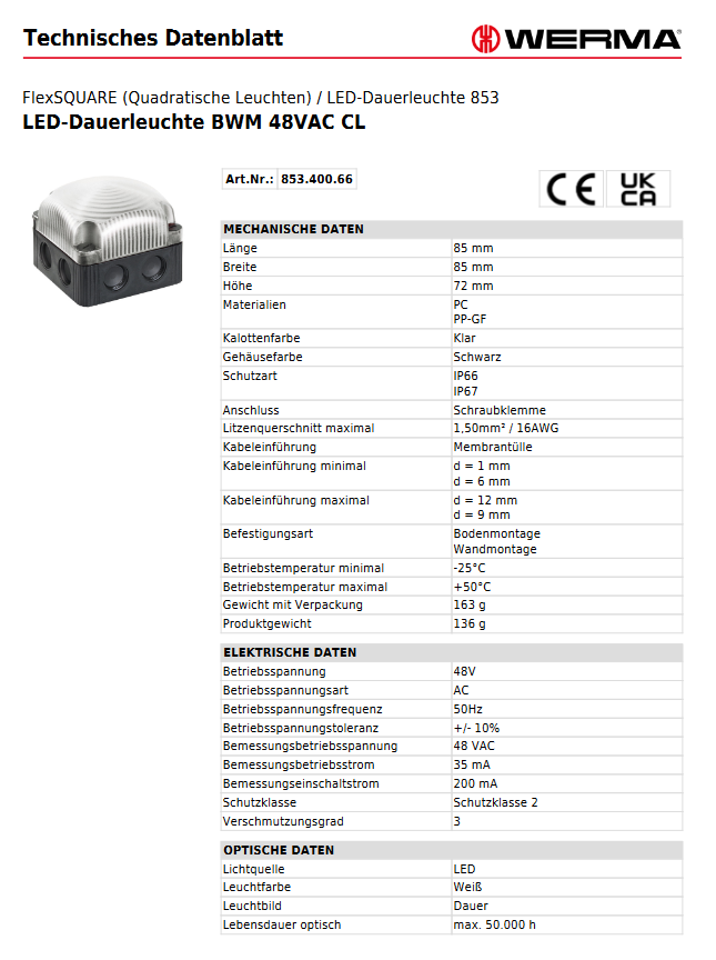 LED-Dauerleuchte BWM 48VAC CL – Ansicht 3