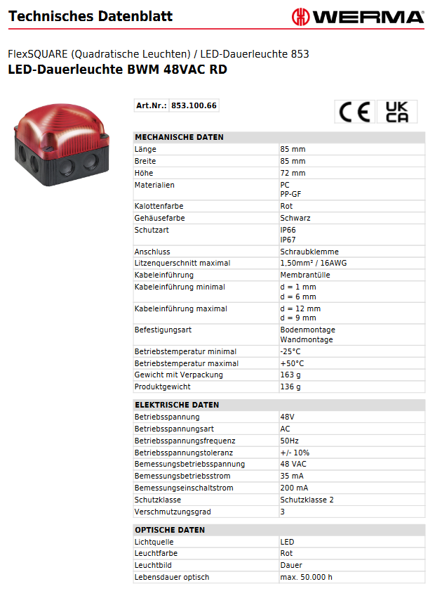 LED-Dauerleuchte BWM 48VAC RD – Ansicht 3