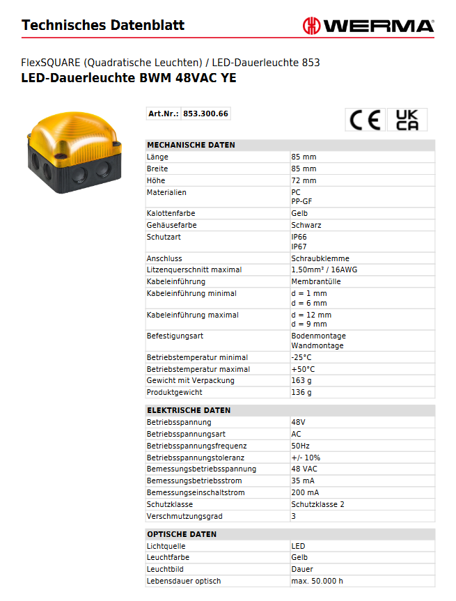LED-Dauerleuchte BWM 48VAC YE – Ansicht 3