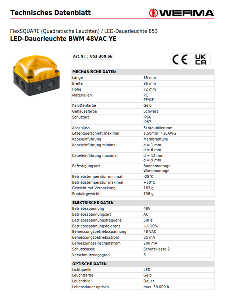 LED-Dauerleuchte BWM 48VAC YE – Ansicht 3