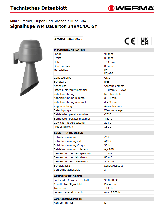 Signalhupe WM Dauerton 24VAC/DC GY – Ansicht 3