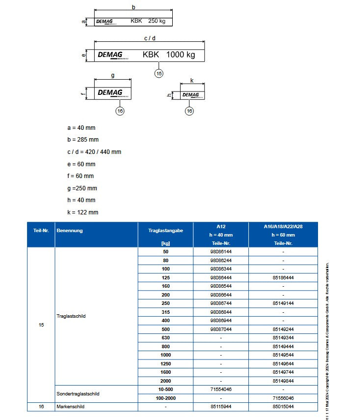 Demag Traglastschild 630Kg, H:60mm, KBK Stahl / AluLine, div. Versionen verfügbar – Ansicht 3