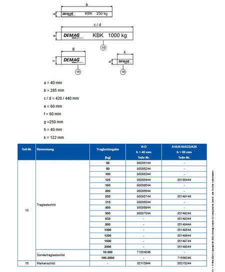 Demag Traglastschild 630Kg, H:60mm, KBK Stahl / AluLine, div. Versionen verfügbar – Ansicht 3
