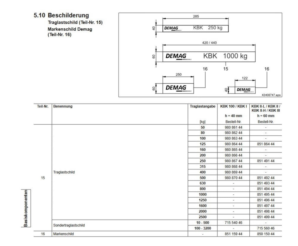 Demag Traglastschild 630Kg, H:60mm, KBK Stahl / AluLine, div. Versionen verfügbar – Ansicht 2
