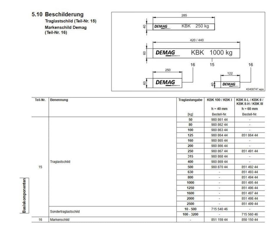 Demag Traglastschild 630Kg, H:60mm, KBK Stahl / AluLine, div. Versionen verfügbar – Ansicht 2