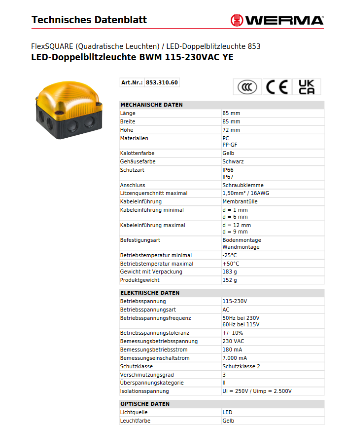 LED-Doppelblitzleuchte BWM 115-230VAC YE – Ansicht 2
