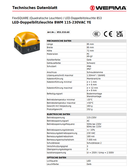 LED-Doppelblitzleuchte BWM 115-230VAC YE – Ansicht 2
