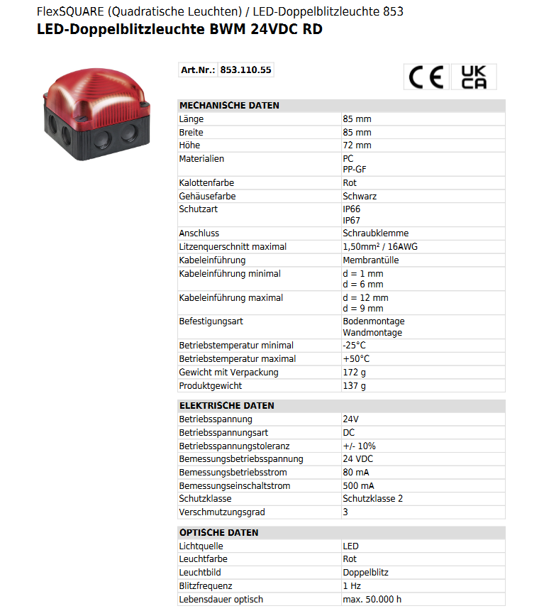 LED-Doppelblitzleuchte BWM 24VDC RD – Ansicht 3