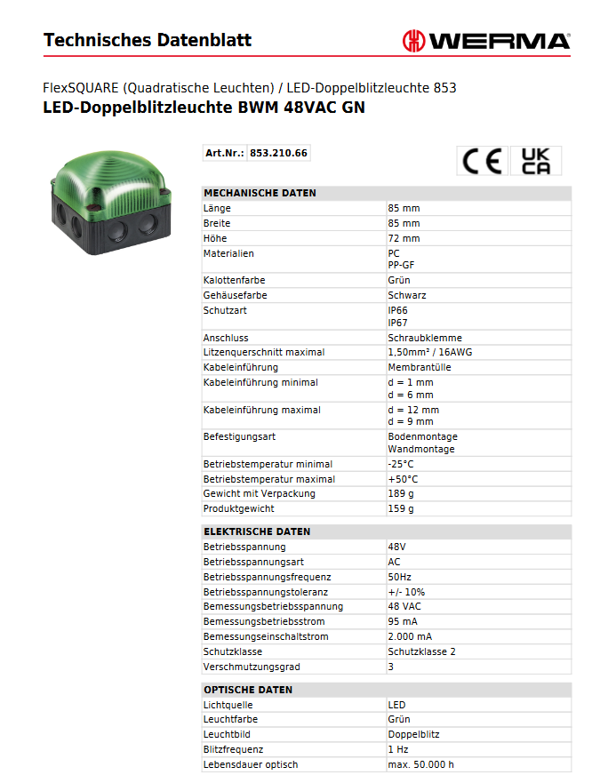 LED-Doppelblitzleuchte BWM 48VAC GN – Ansicht 3