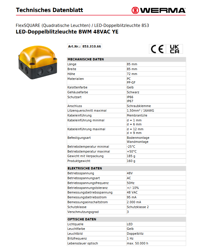 LED-Doppelblitzleuchte BWM 48VAC YE – Ansicht 3